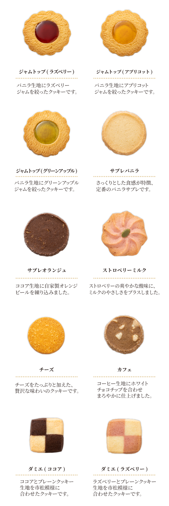 ジャムトップ(ラズベリー)・ジャムトップ(アプリコット)・ジャムトップ(グリーンアップル)・サブレバニラ・サブレオランジュ・ストロベリーミルク・チーズ・カフェ・ダミエ（ココア）・ダミエ（ラズベリー）